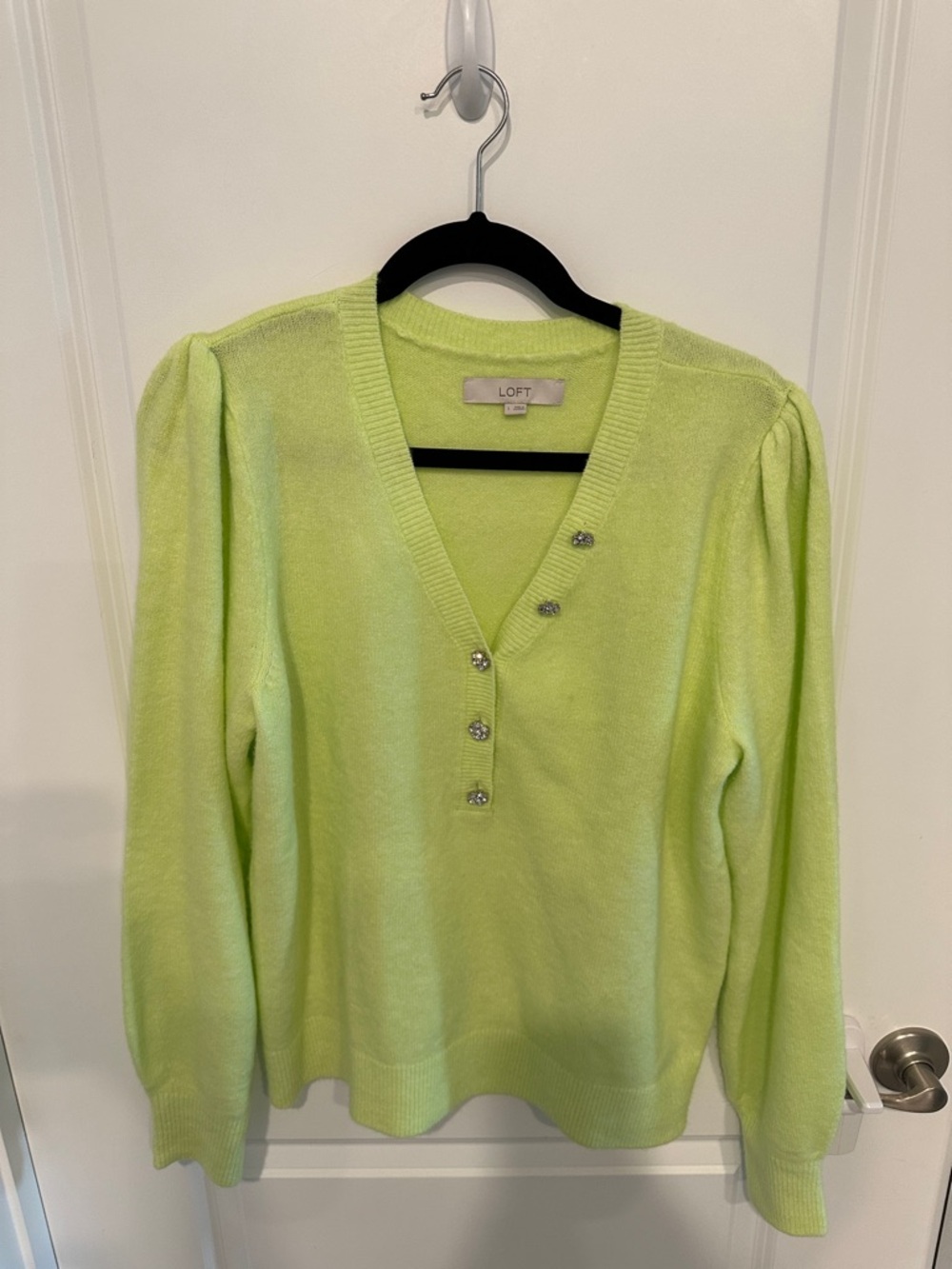 LOFT Lime Green V-Neck Sweater with Sparkly Buttons